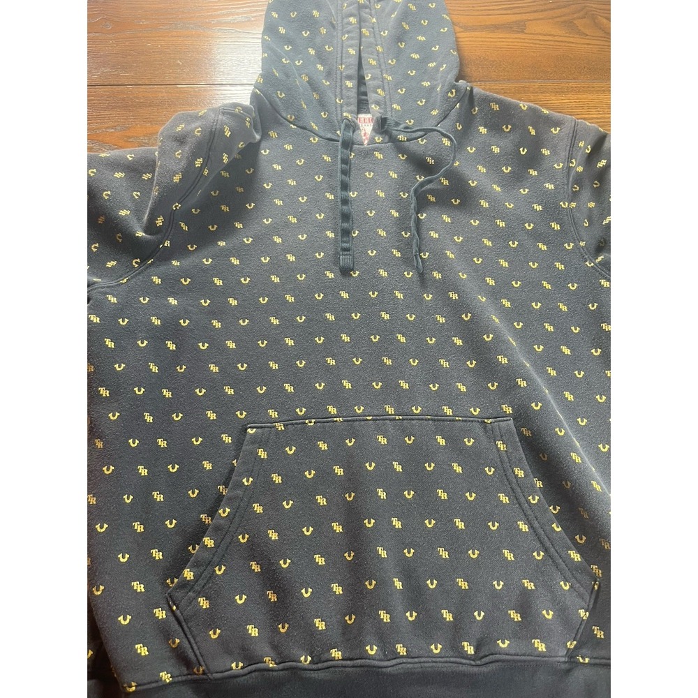 Y2K Style True Religion All Over Print Horseshoe Logo Hoodie Black Gold Medium